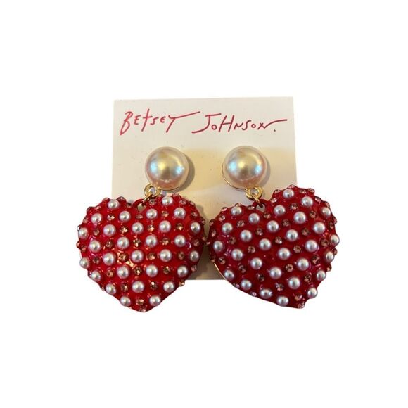 Betsey Johnson Red Enamel & Faux Pearl Heart Dangle Drop Earrings. - Picture 6 of 7